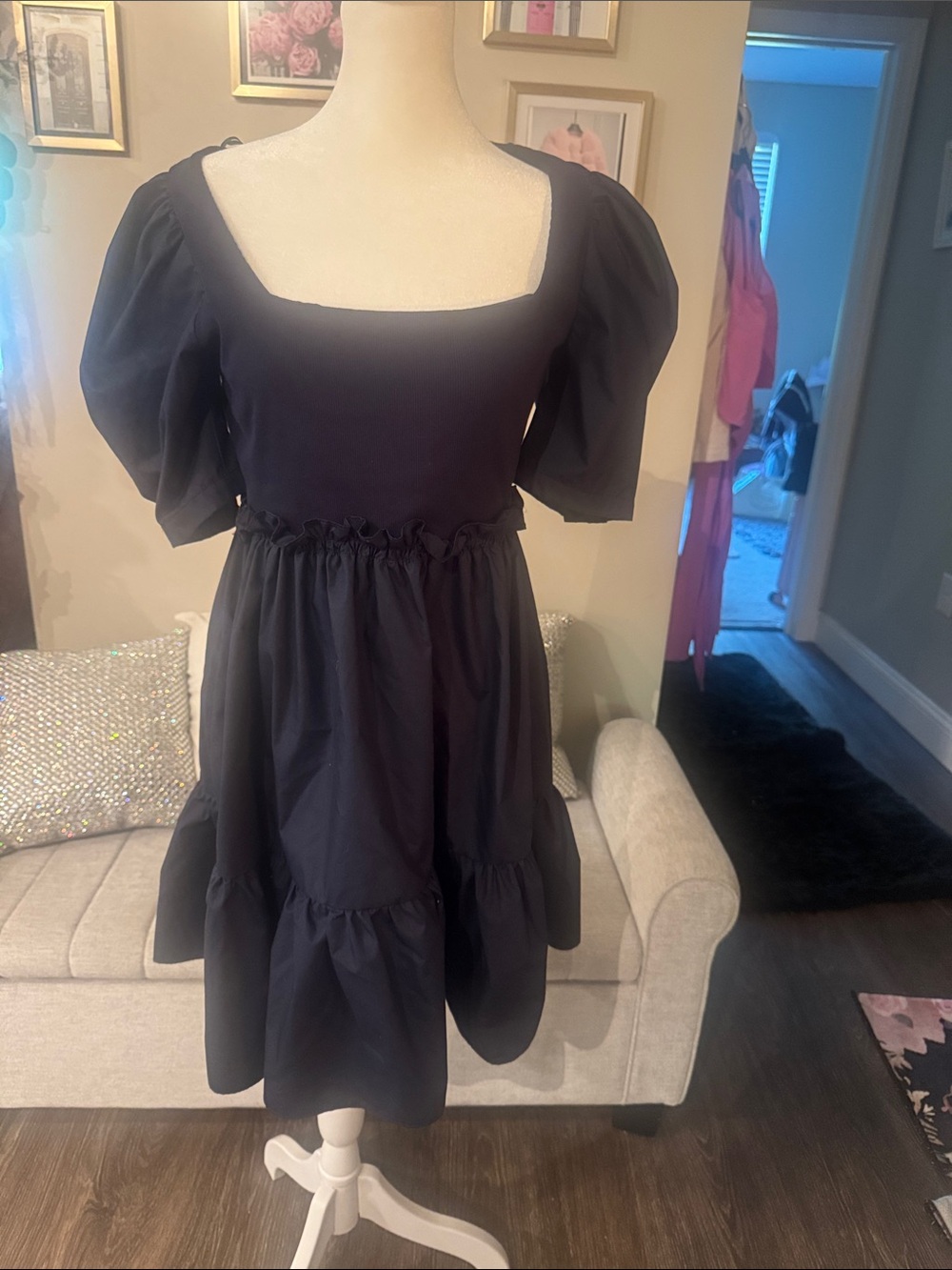 Navy  Puff Sleeve Square Neck Midi Dress